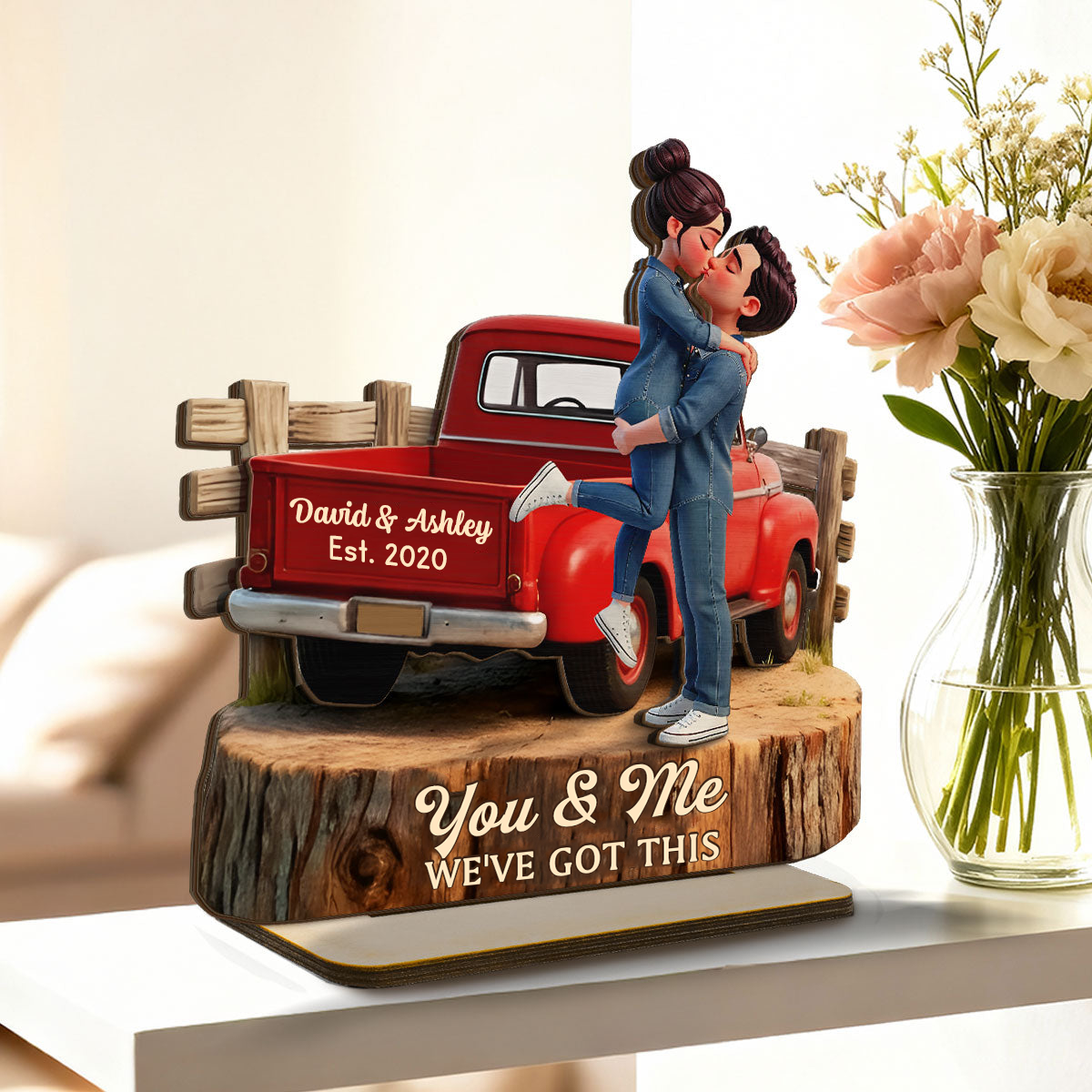 Personalised Couple Wooden Plaque - Couple and Pick-up Lorry