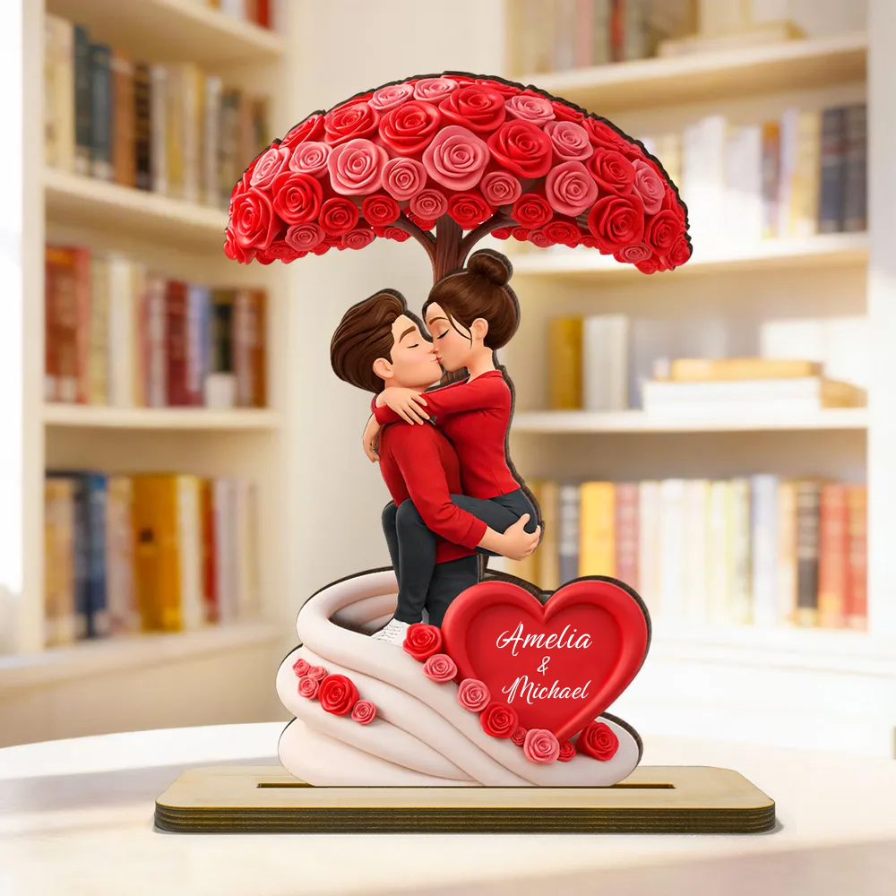 Personalised Couple Wooden Plaque - Couple under Rose-patterned Tree