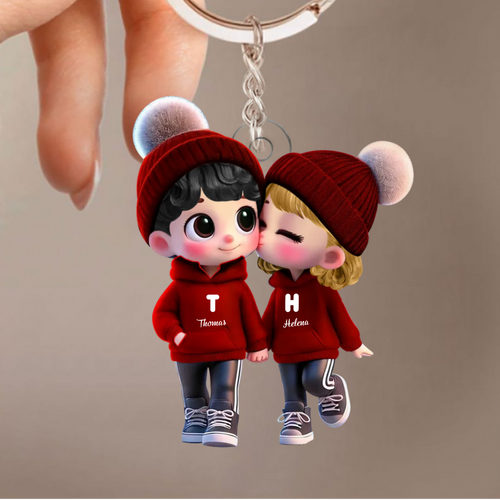 Personalised Acrylic Keyring for Couples - Couple in Hoodies Design