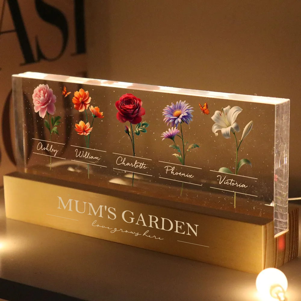 Personalised LED Night Light with Birth Flowers & Text - Gift for Mum & Grandma