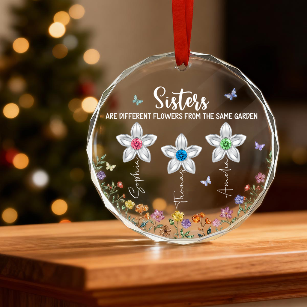 Personalised Glass Christmas Ornament with Birthstones - Floral Design