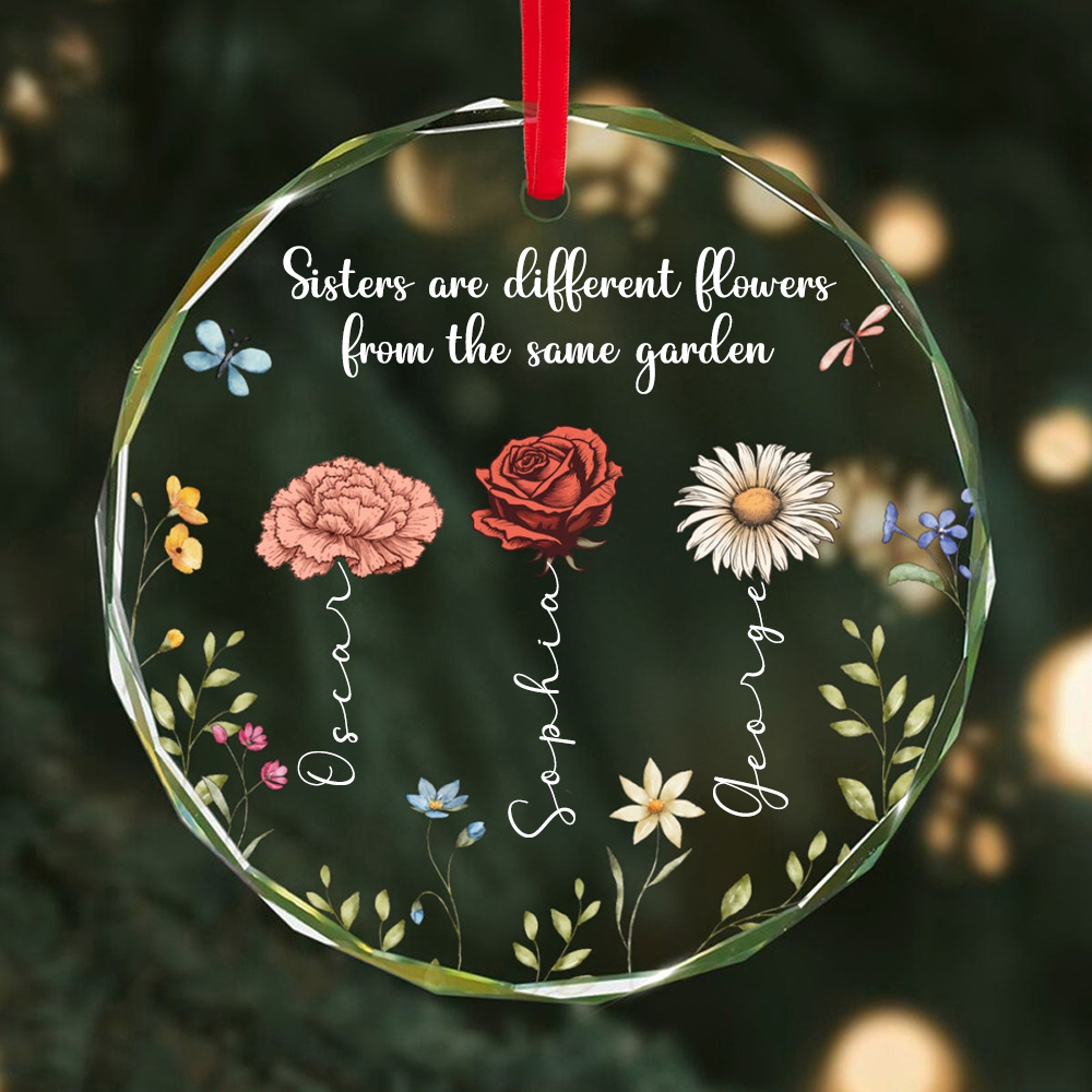 Personalised Glass Christmas Ornament for Friends & Sisters - Birth Flowers Design
