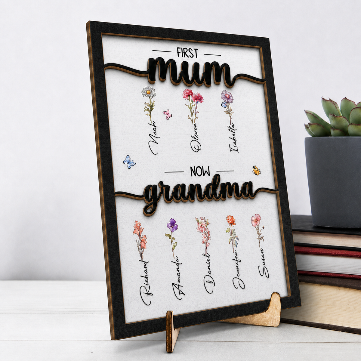 Personalised Wooden Plaque with Birthflowers - First Mum, Now Grandma Design
