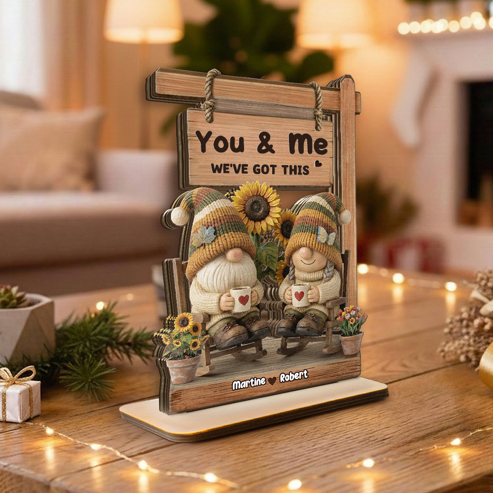 Personalised Wooden Plaque with Text and Names - Gnome Couple Design