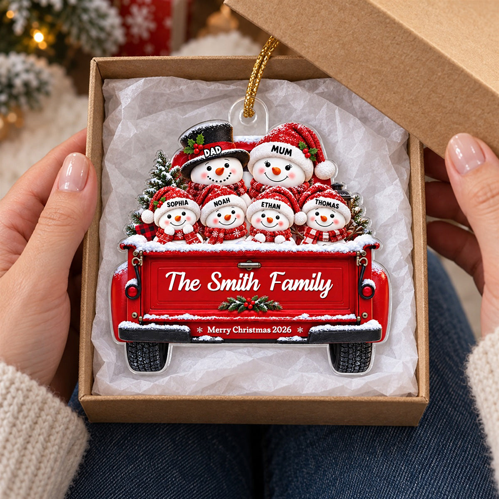 Personalised Family Acrylic Christmas Ornament with Names & Text - Snowman Design