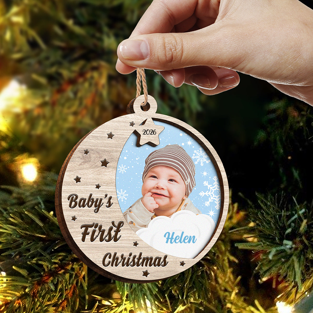 Personalised Wooden Layered Christmas Ornament with Photo - Baby's First Christmas
