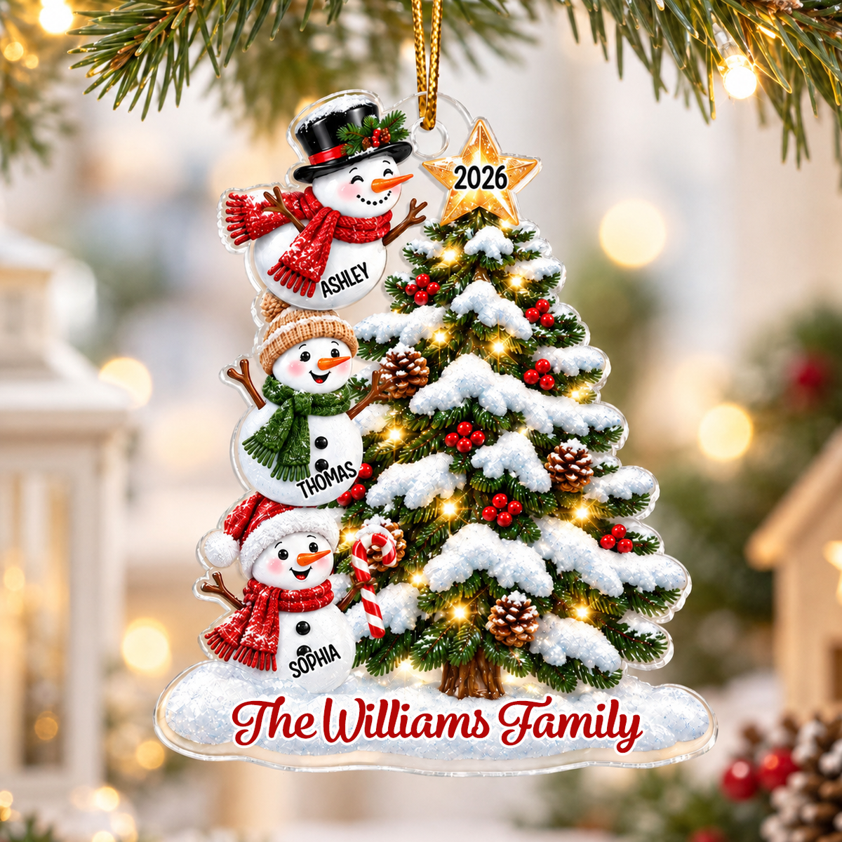 Personalised Family Acrylic Christmas Ornament wtih Names & Text - Snowman Design