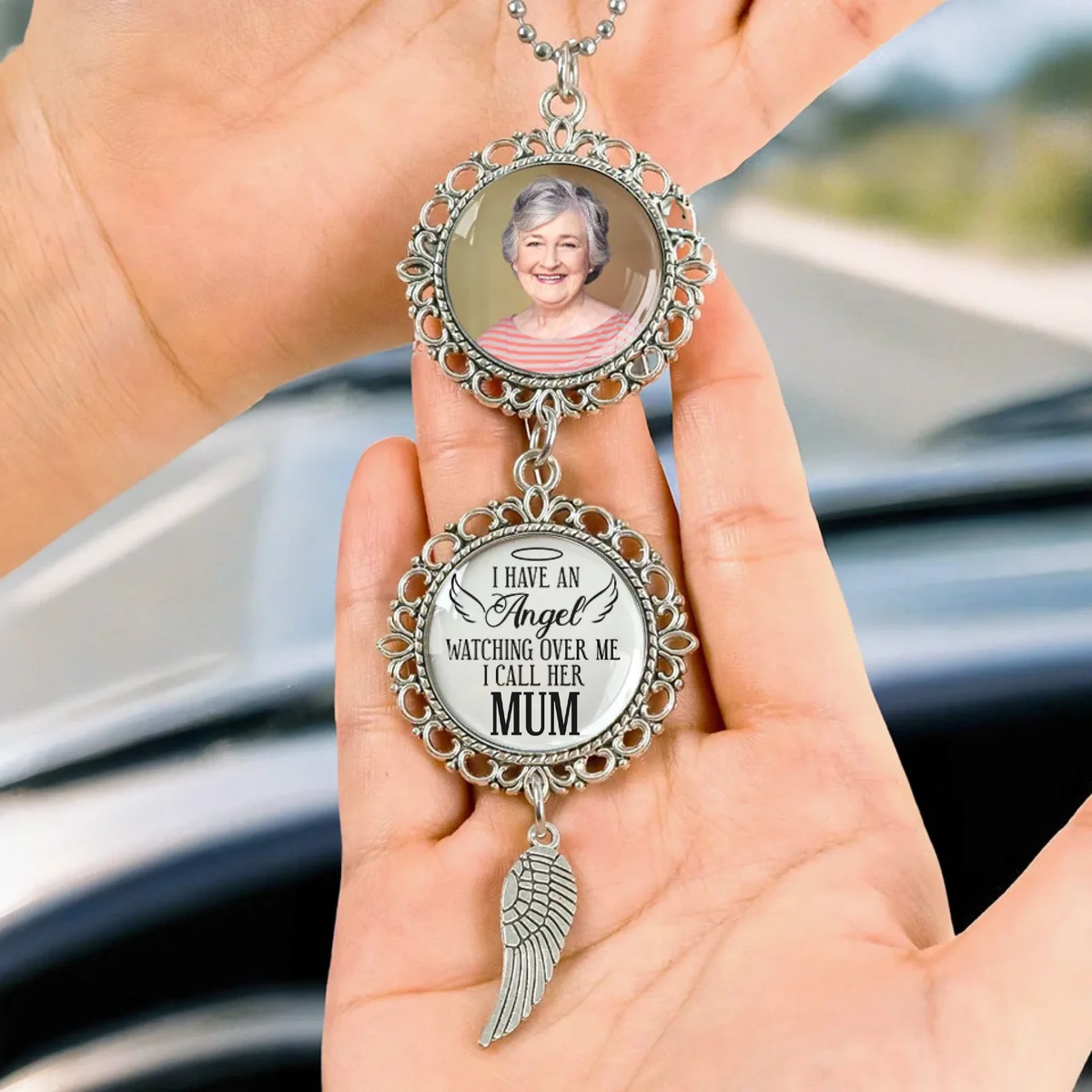 Personalised Memorial Photo Hanging Ornament – Angel Wing Design