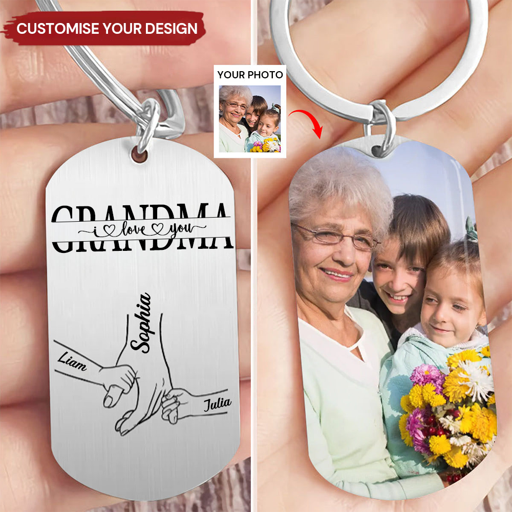 Personalised Photo Stainless Steel Keyring for Mum and Grandma - Hand in Hand Design