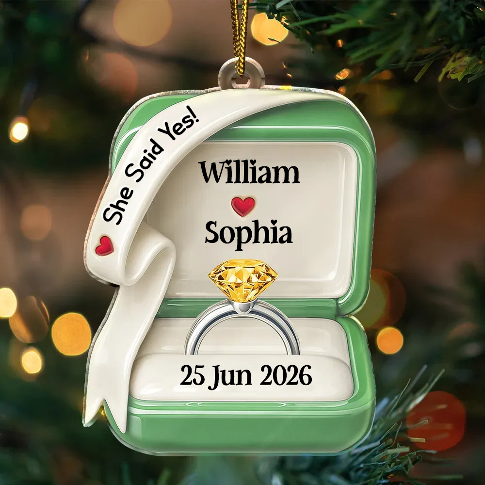 Personalised Engagement Acrylic Christmas Ornament - Ring Box Design