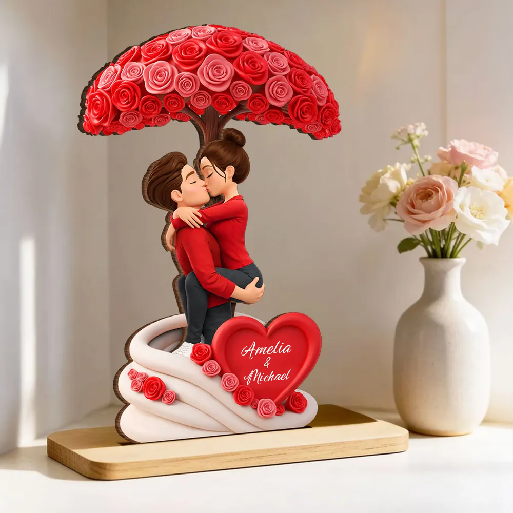 Personalised Couple Wooden Plaque - Couple under Rose-patterned Tree
