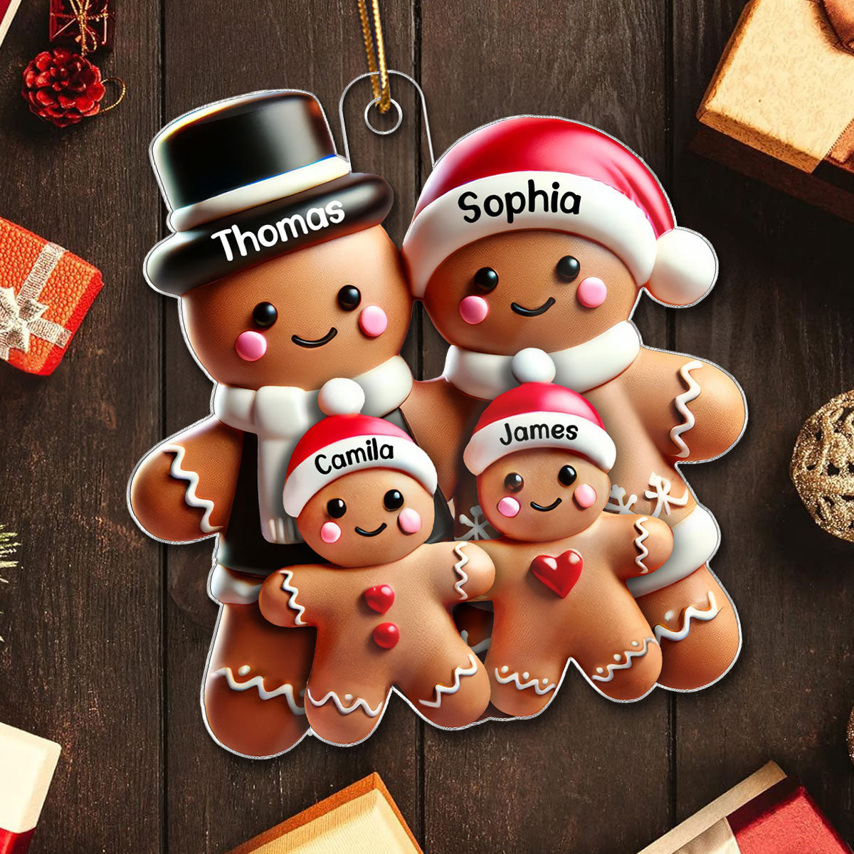 Personalised Family Acrylic Christmas Ornament with Names - Gingerbread Man Design