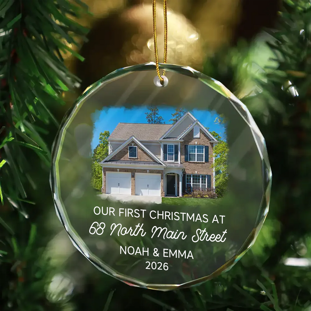 Personalised Glass Christmas Ornament with Photo - First Christmas at Our New Home