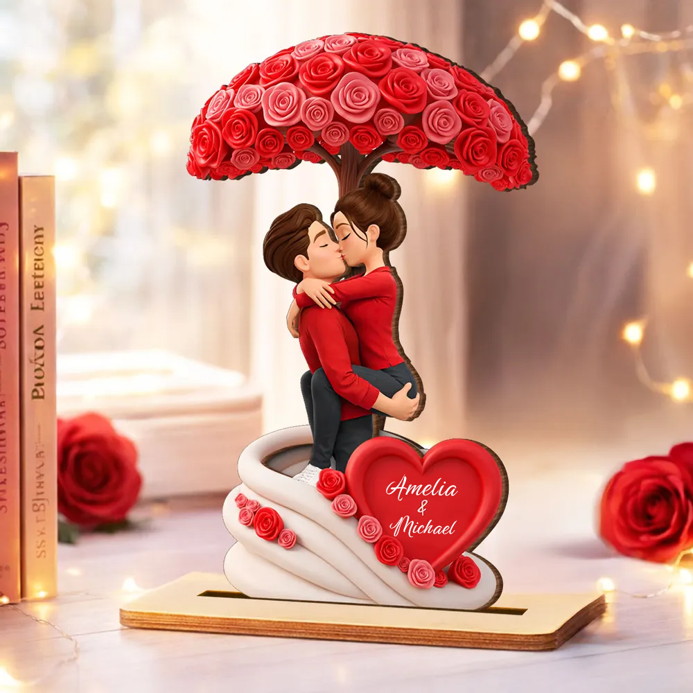 Personalised Couple Wooden Plaque - Couple under Rose-patterned Tree