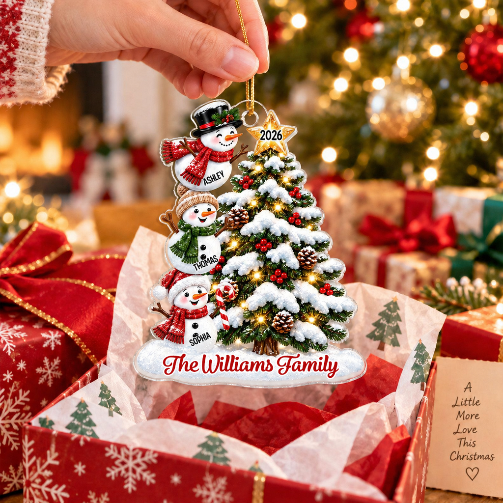 Personalised Family Acrylic Christmas Ornament wtih Names & Text - Snowman Design