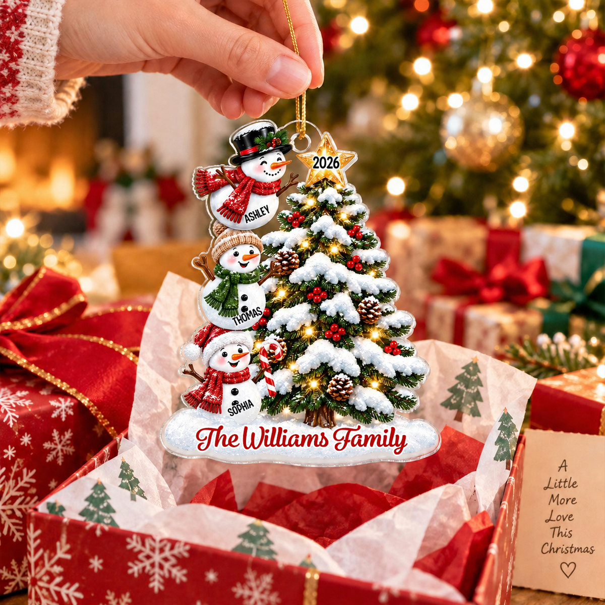 Personalised Family Acrylic Christmas Ornament wtih Names & Text - Snowman Design