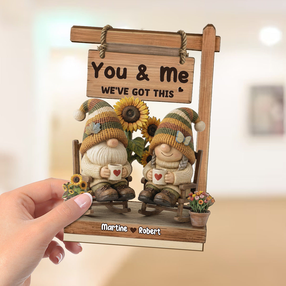 Personalised Wooden Plaque with Text and Names - Gnome Couple Design