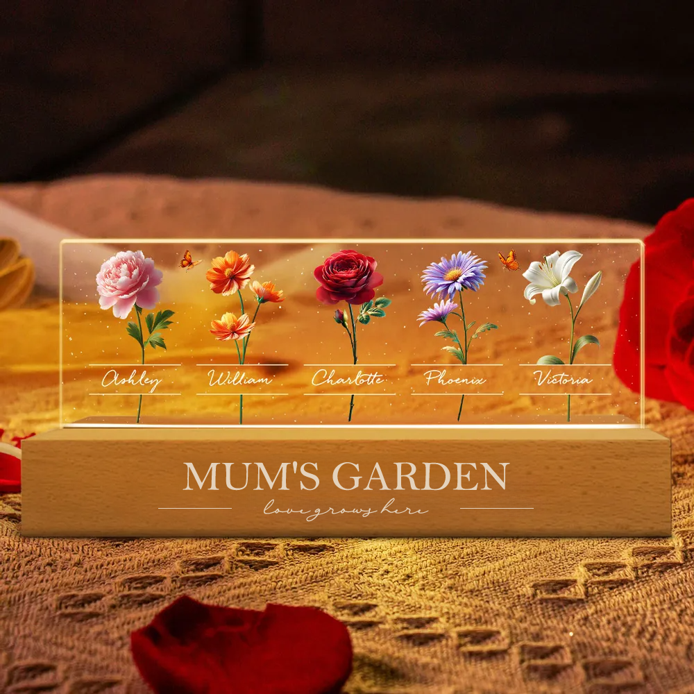 Personalised LED Night Light with Birth Flowers & Text - Gift for Mum & Grandma
