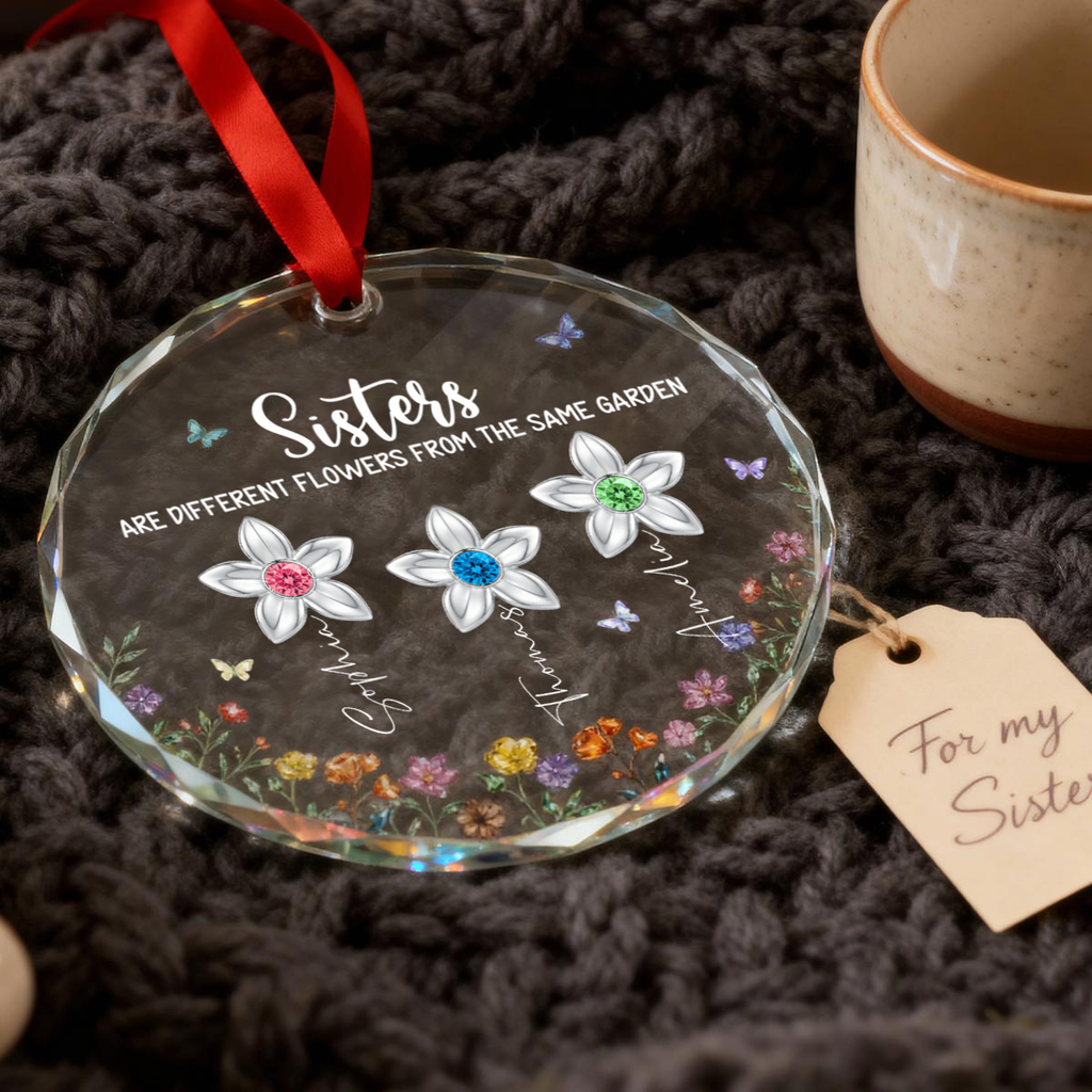 Personalised Glass Christmas Ornament with Birthstones - Floral Design