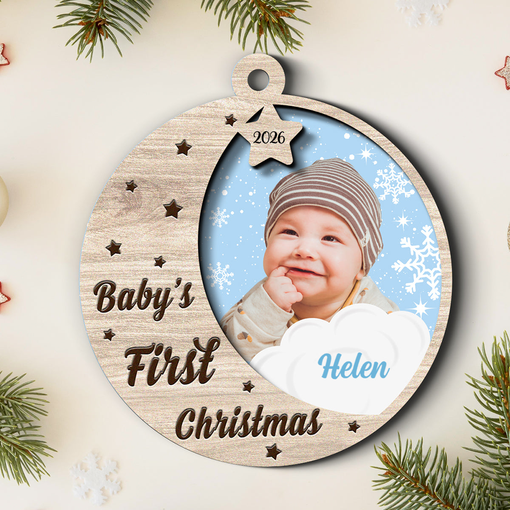 Personalised Wooden Layered Christmas Ornament with Photo - Baby's First Christmas