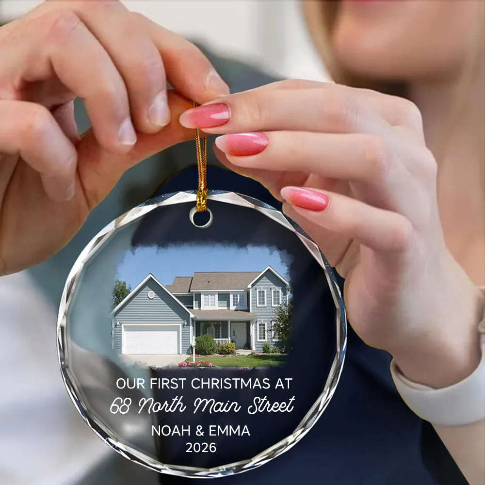 Personalised Glass Christmas Ornament with Photo - First Christmas at Our New Home