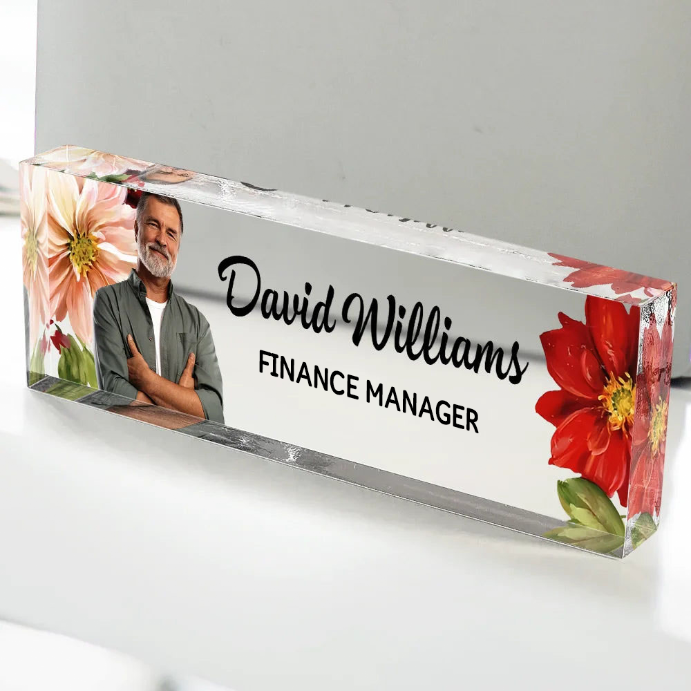 Personalised Office Acrylic Plaque with Flower - Name Plate Design
