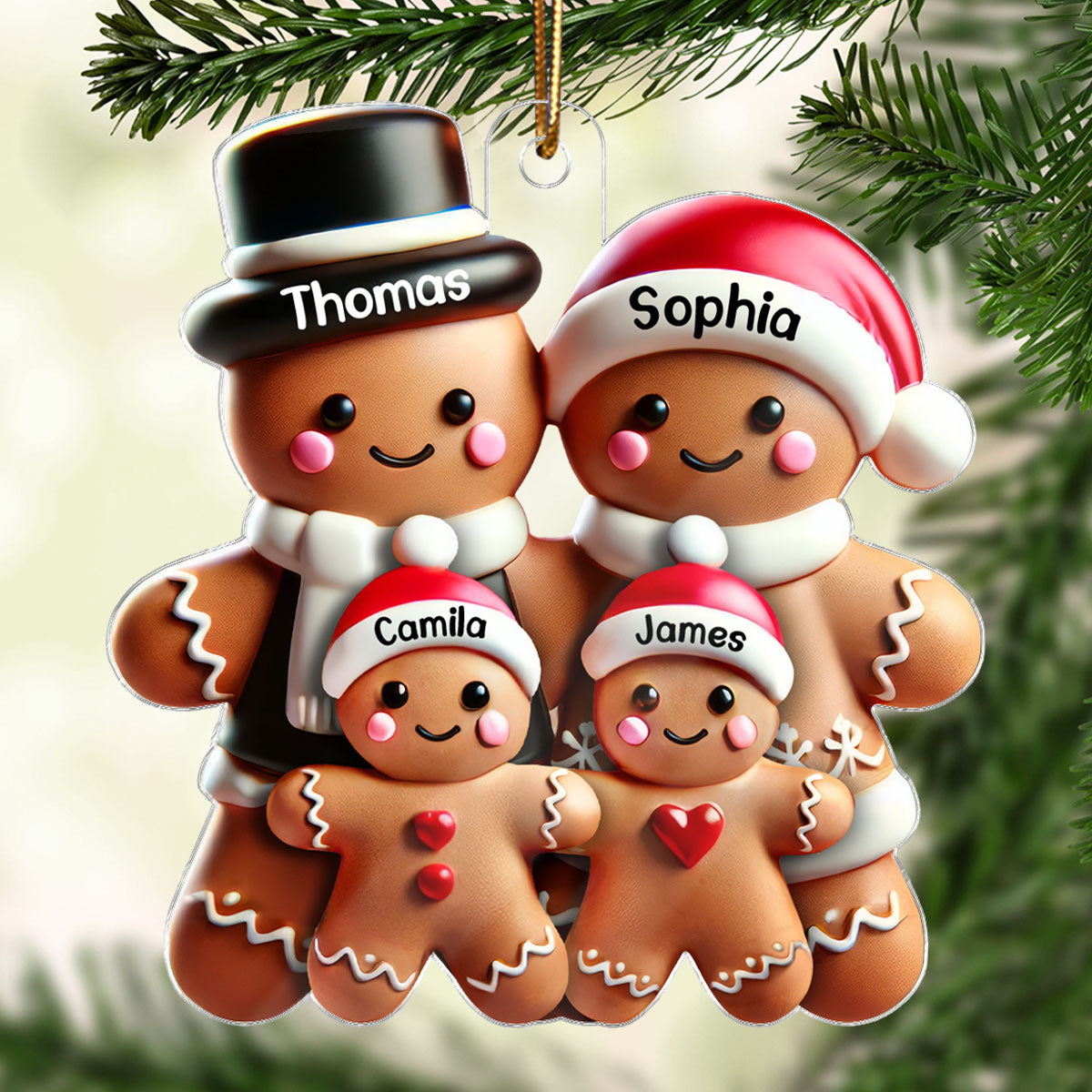 Personalised Family Acrylic Christmas Ornament with Names - Gingerbread Man Design