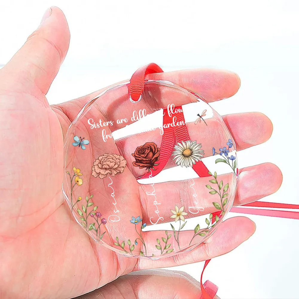 Personalised Glass Christmas Ornament for Friends & Sisters - Birth Flowers Design