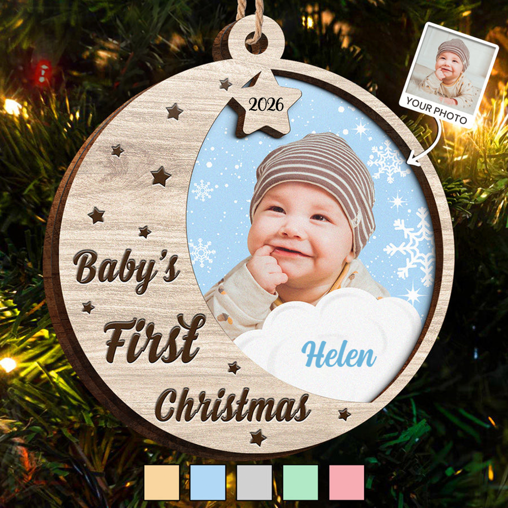 Personalised Wooden Layered Christmas Ornament with Photo - Baby's First Christmas