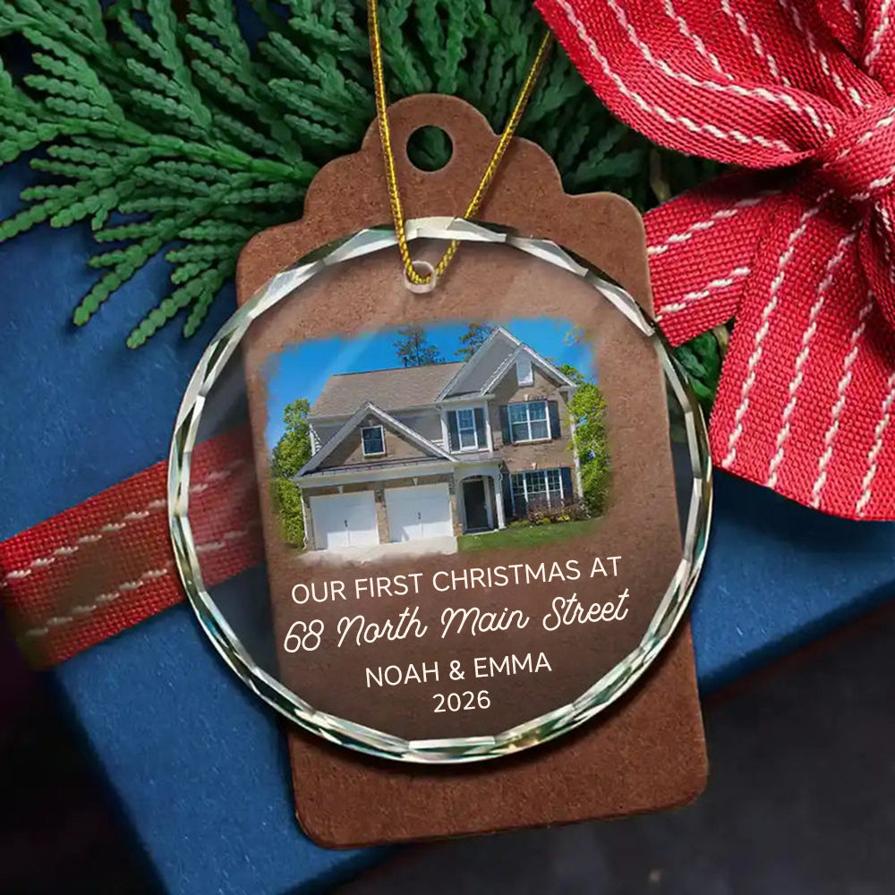 Personalised Glass Christmas Ornament with Photo - First Christmas at Our New Home