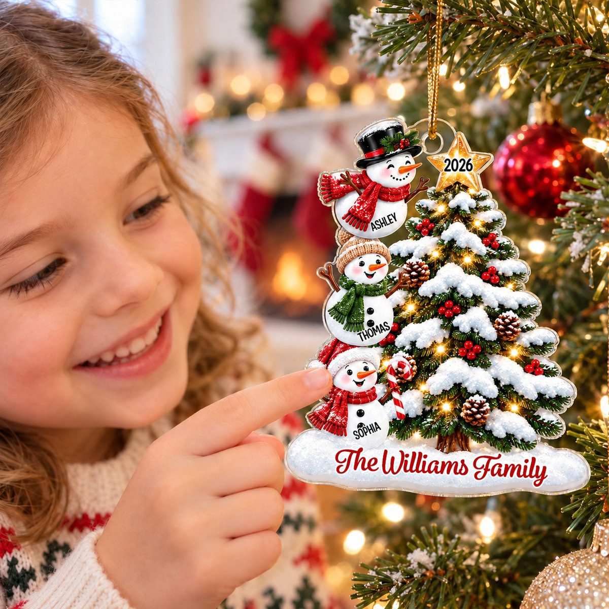 Personalised Family Acrylic Christmas Ornament wtih Names & Text - Snowman Design