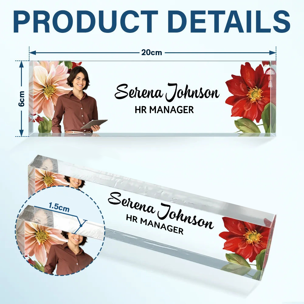 Personalised Office Acrylic Plaque with Flower - Name Plate Design