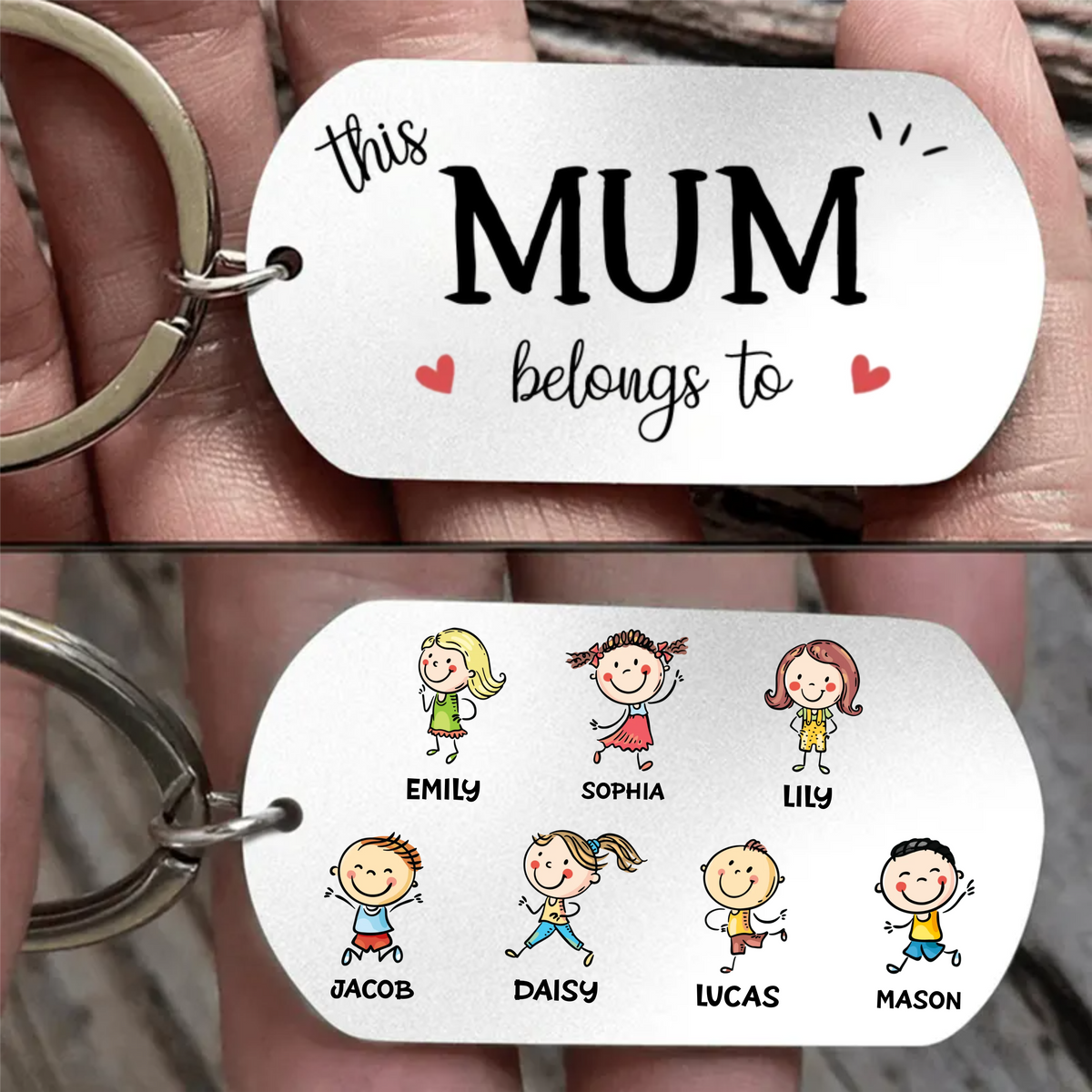 Personalised Stainless Steel Keyring with Children’s Names & Icons - This...belongs to Design
