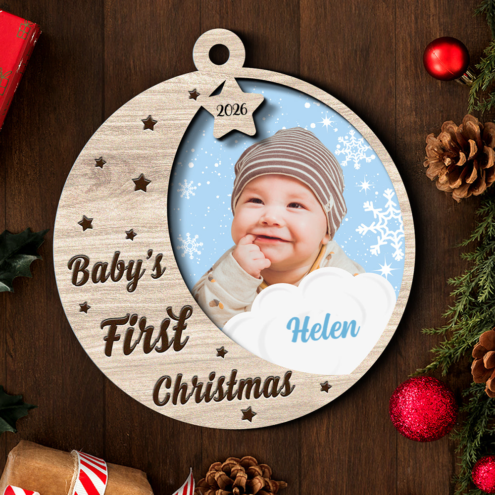 Personalised Wooden Layered Christmas Ornament with Photo - Baby's First Christmas