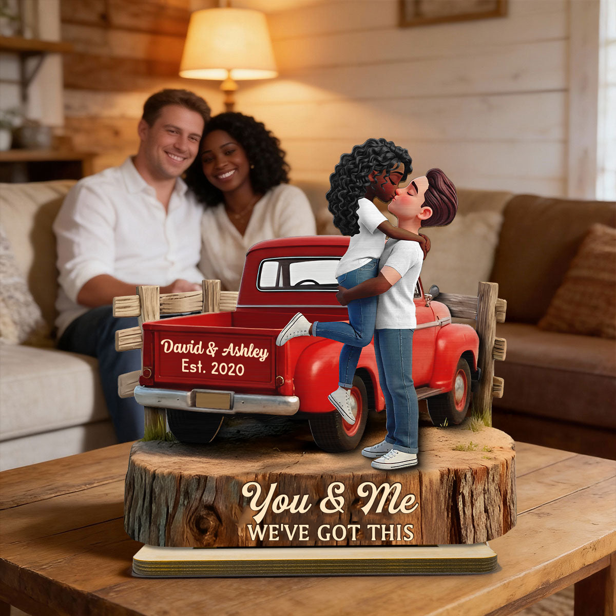 Personalised Couple Wooden Plaque - Couple and Pick-up Lorry