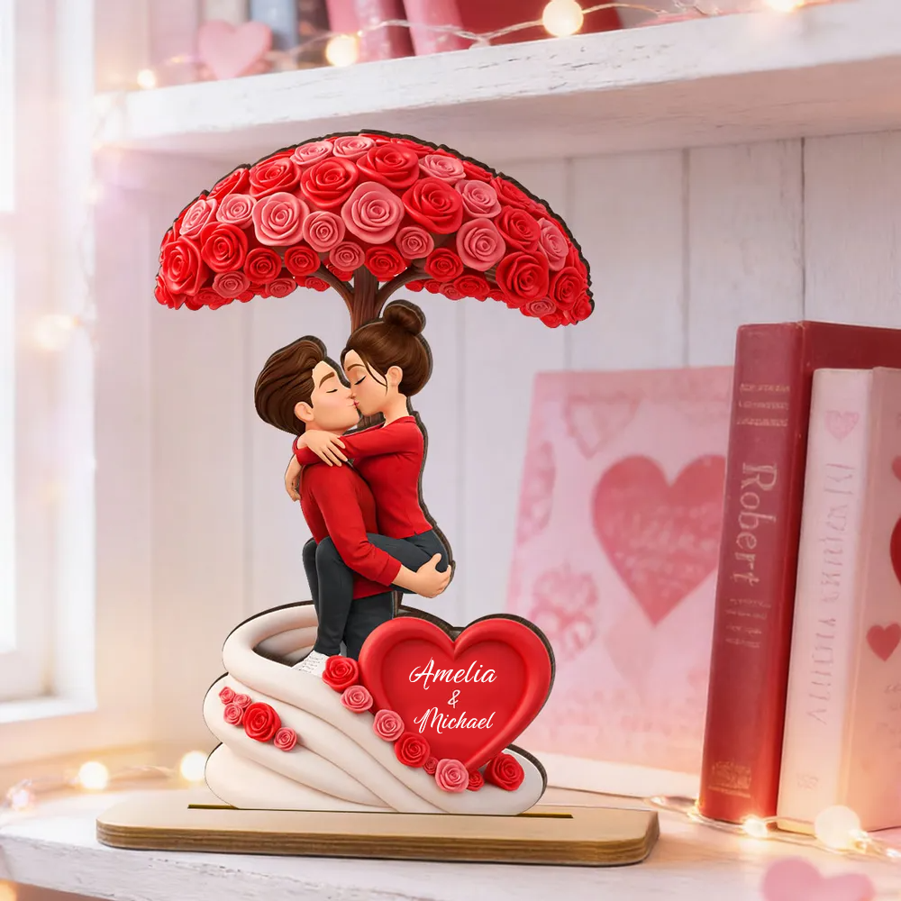 Personalised Couple Wooden Plaque - Couple under Rose-patterned Tree