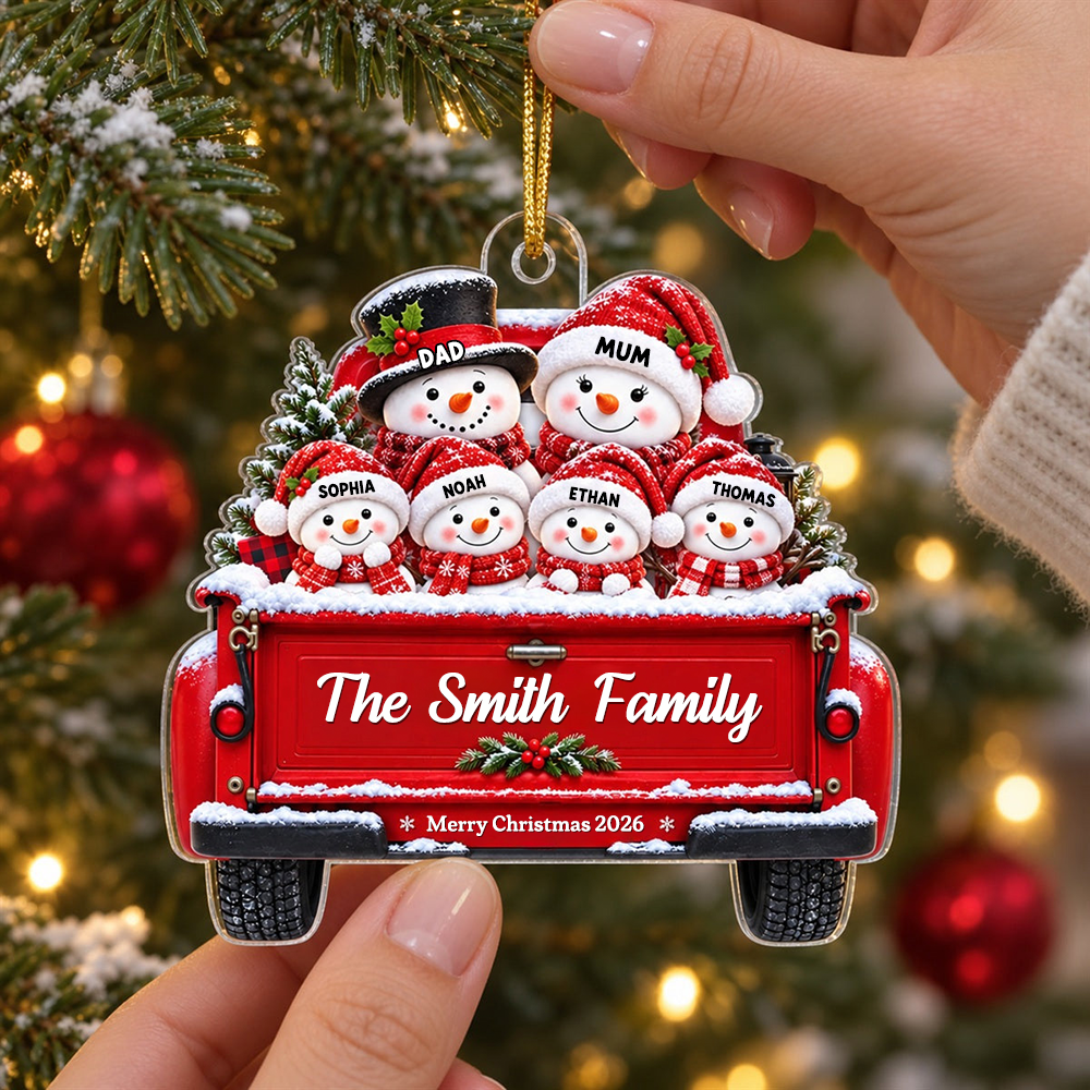 Personalised Family Acrylic Christmas Ornament with Names & Text - Snowman Design