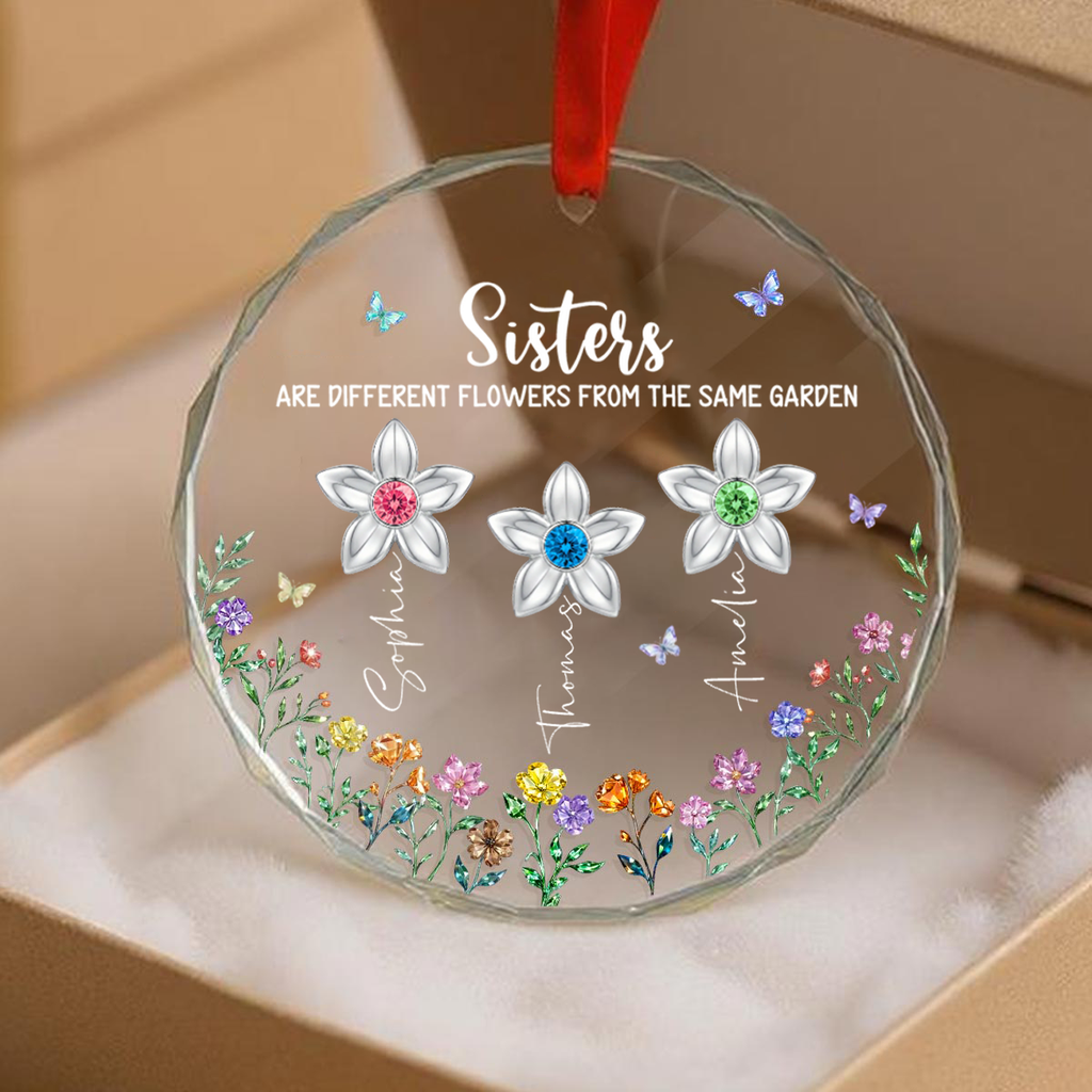 Personalised Glass Christmas Ornament with Birthstones - Floral Design