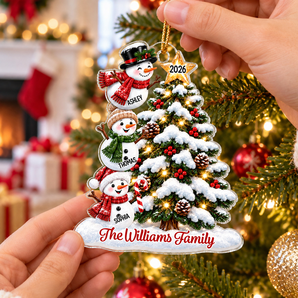 Personalised Family Acrylic Christmas Ornament wtih Names & Text - Snowman Design