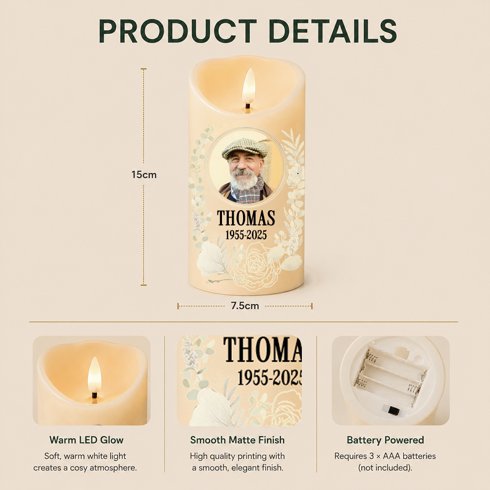 Personalised Memorial LED Candle with Photo & Quote