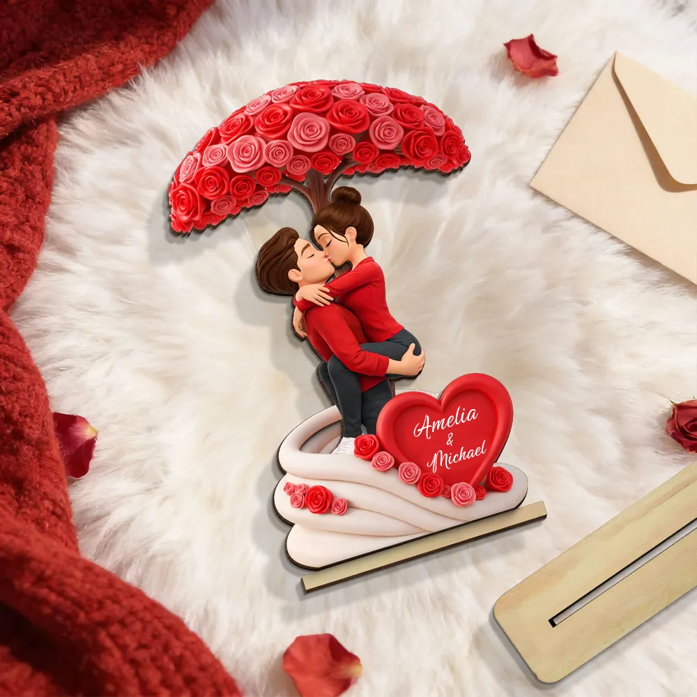 Personalised Couple Wooden Plaque - Couple under Rose-patterned Tree