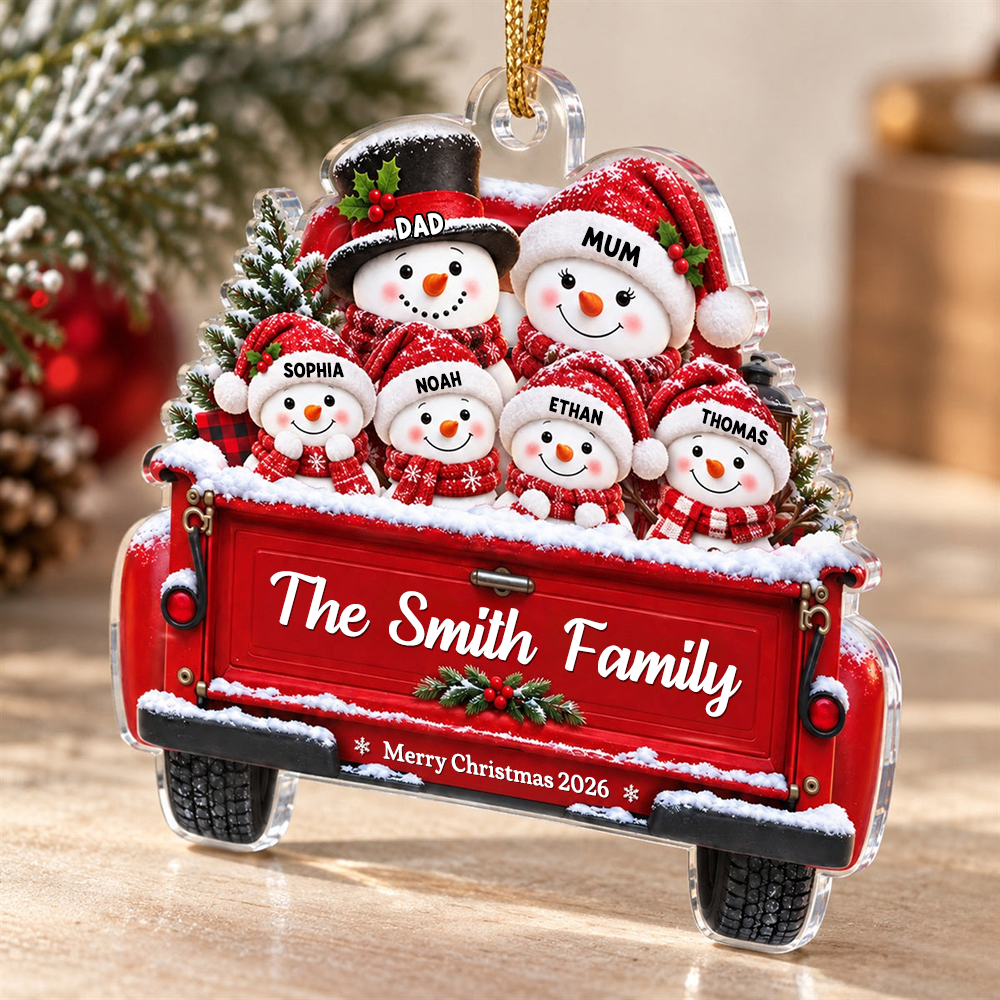 Personalised Family Acrylic Christmas Ornament with Names & Text - Snowman Design