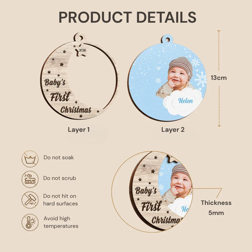 Personalised Wooden Layered Christmas Ornament with Photo - Baby's First Christmas