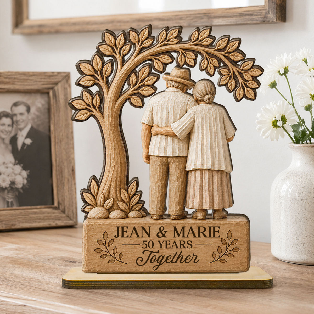 Personalised Anniversay Wooden Plaque with Year & Names - Elderly Couple Design