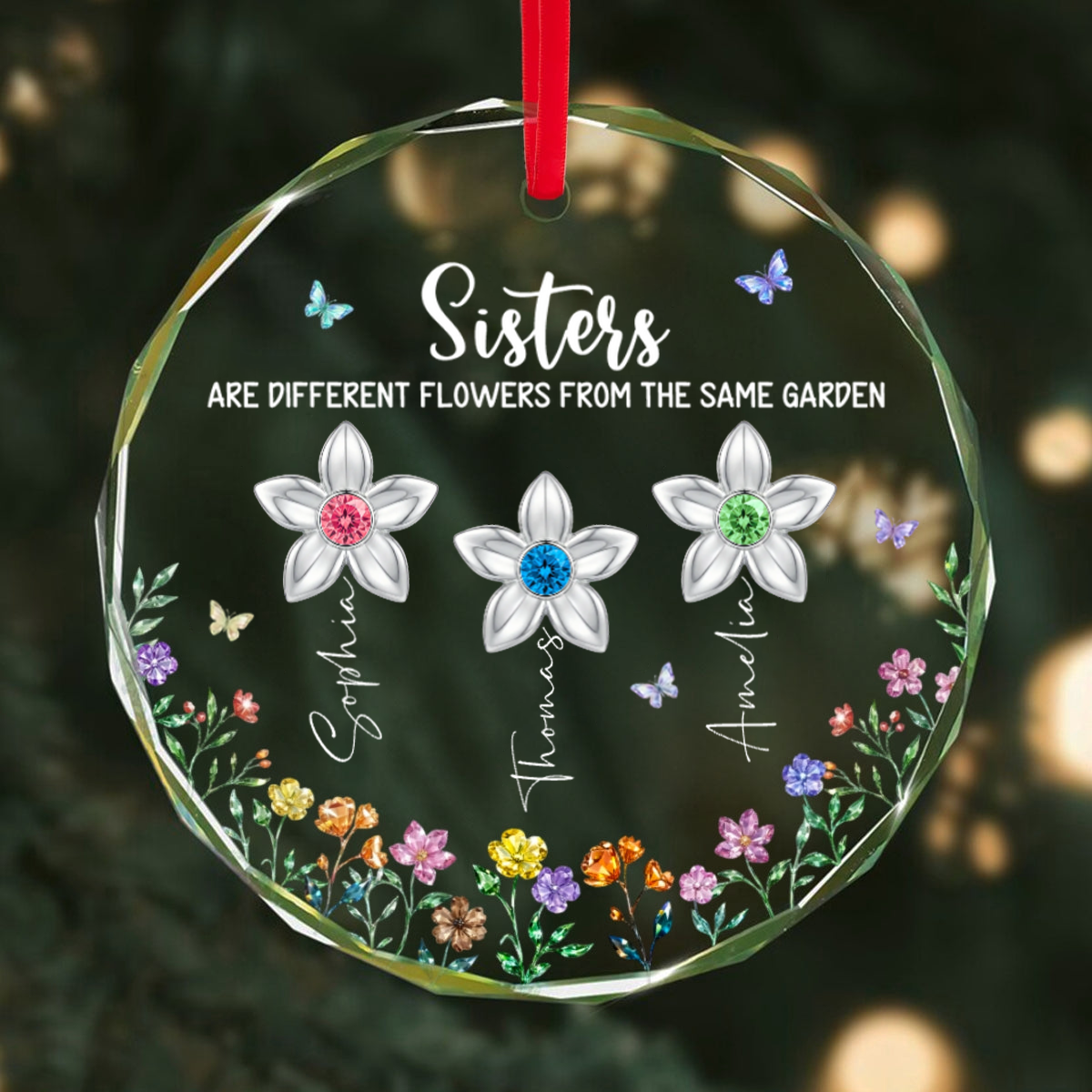 Personalised Glass Christmas Ornament with Birthstones - Floral Design