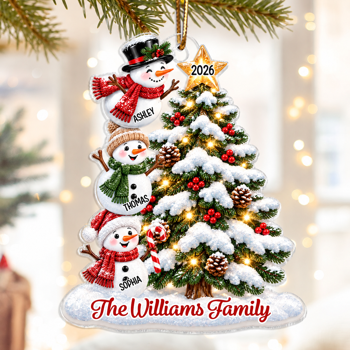 Personalised Family Acrylic Christmas Ornament wtih Names & Text - Snowman Design