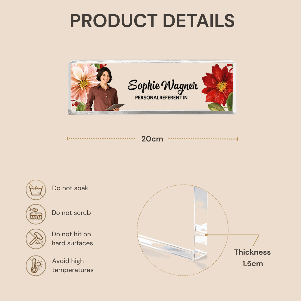 Personalised Office Acrylic Plaque with Flower - Name Plate Design