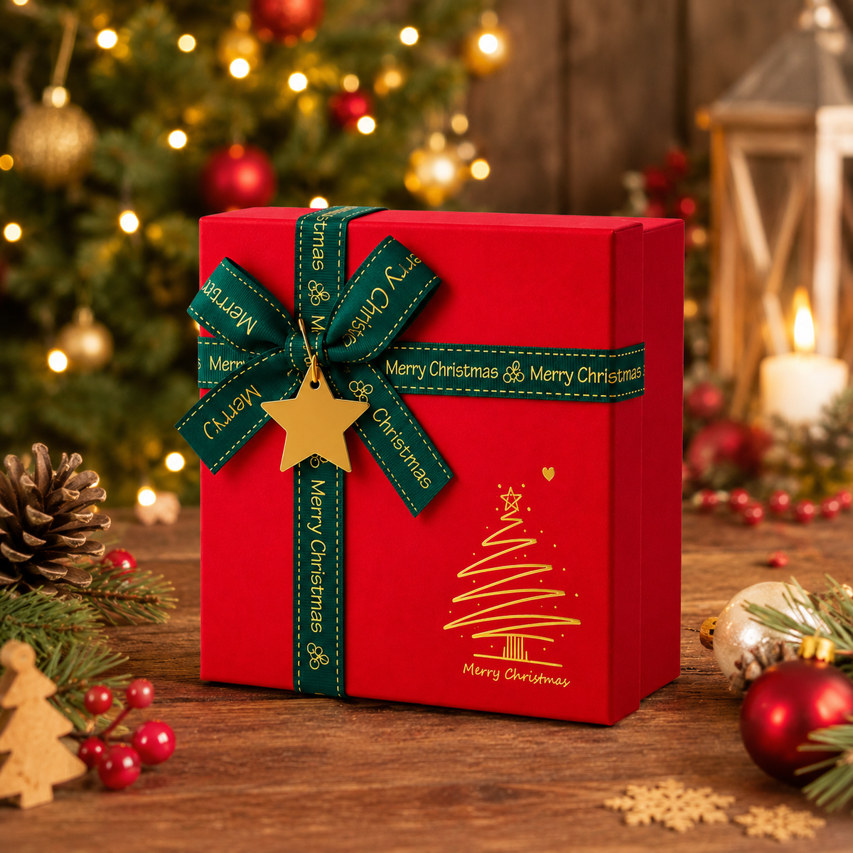 Red Christmas Gift Box with Ribbon Bow, 15 x 15 x 7 cm