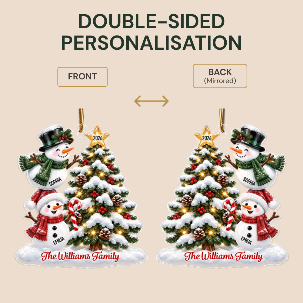 Personalised Family Acrylic Christmas Ornament wtih Names & Text - Snowman Design