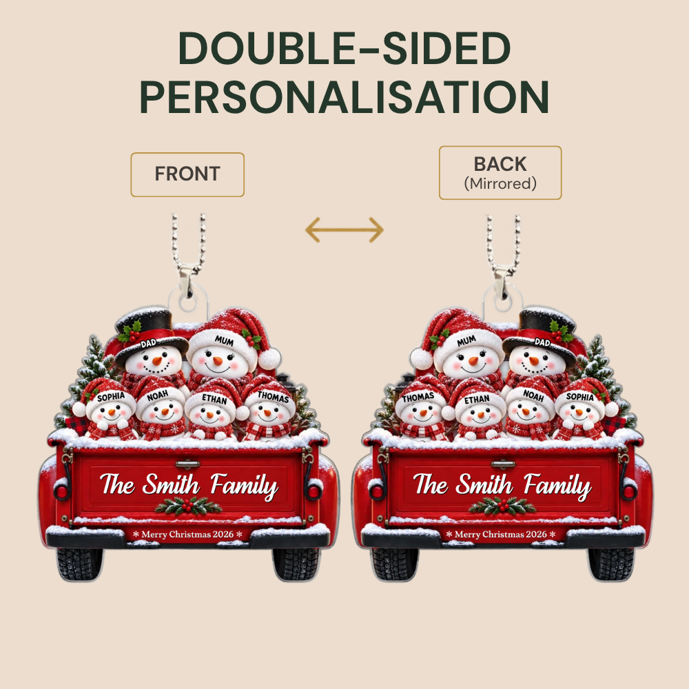 Personalised Family Acrylic Christmas Ornament with Names & Text - Snowman Design